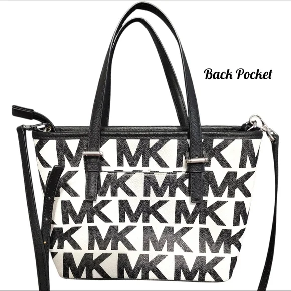 MICHAEL KORS XS Jet Set Travel Black & White MK Logo Zip Tote Bag - Picture 4 of 12